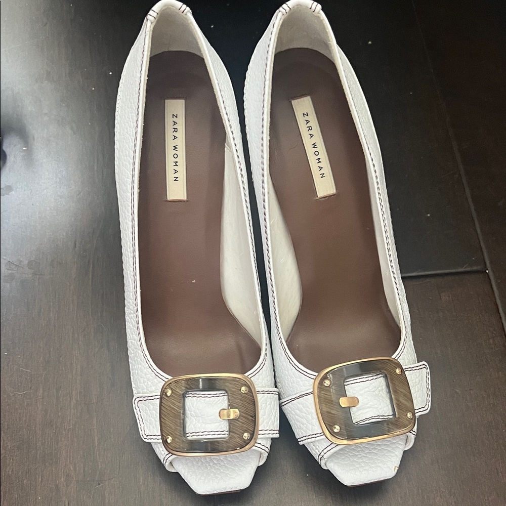 Zara White Heels with Gold Buckle